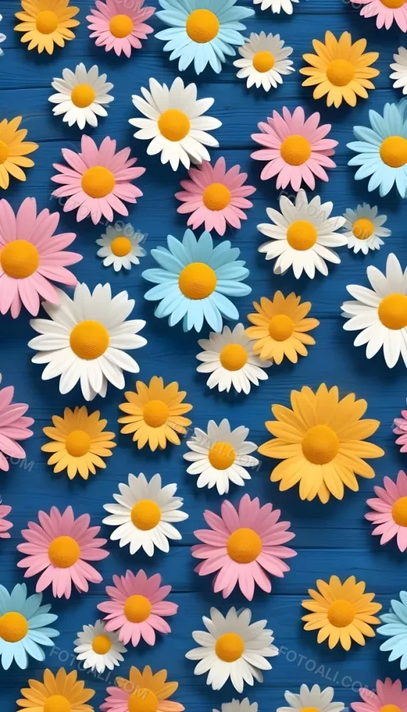 White Pink And Yellow Daisies On A Blue Wooden Background 12 A6cf