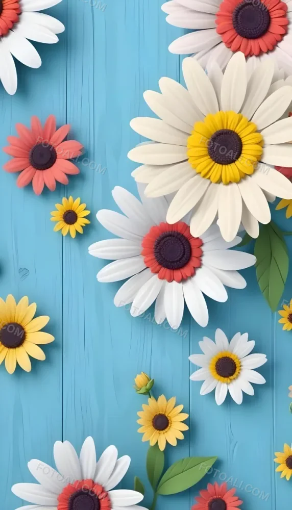 White Pink And Yellow Daisies On A Blue Wooden Background 13 1714