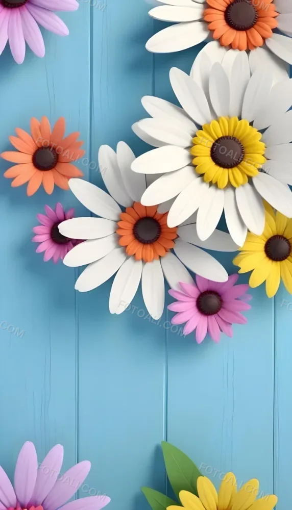 White Pink And Yellow Daisies On A Blue Wooden Background 16 E2e9