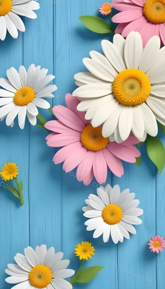 White Pink And Yellow Daisies On A Blue Wooden Background 2 A82c