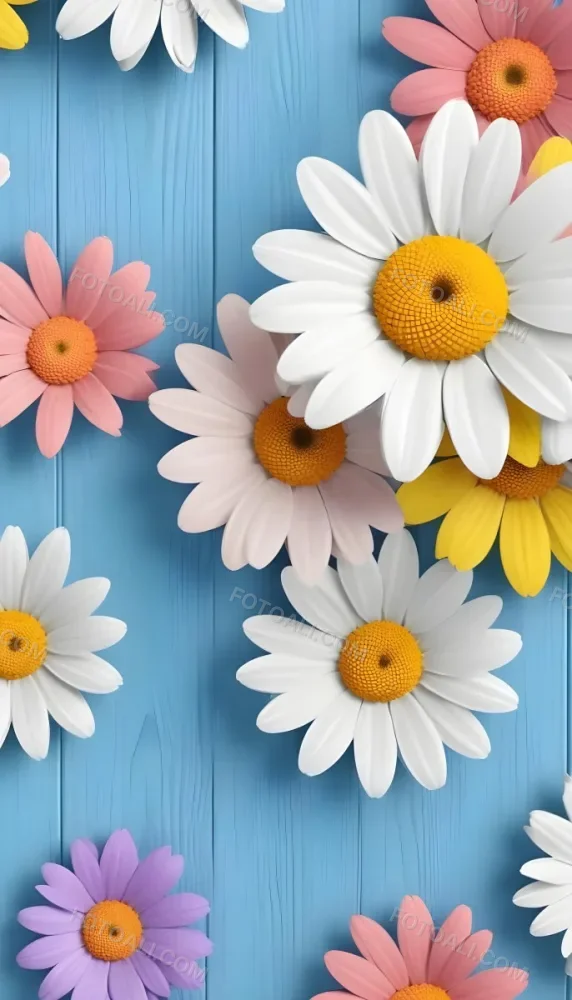 White Pink And Yellow Daisies On A Blue Wooden Background 3 B166
