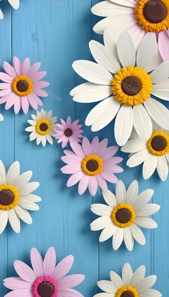White Pink And Yellow Daisies On A Blue Wooden Background 5 0ea4