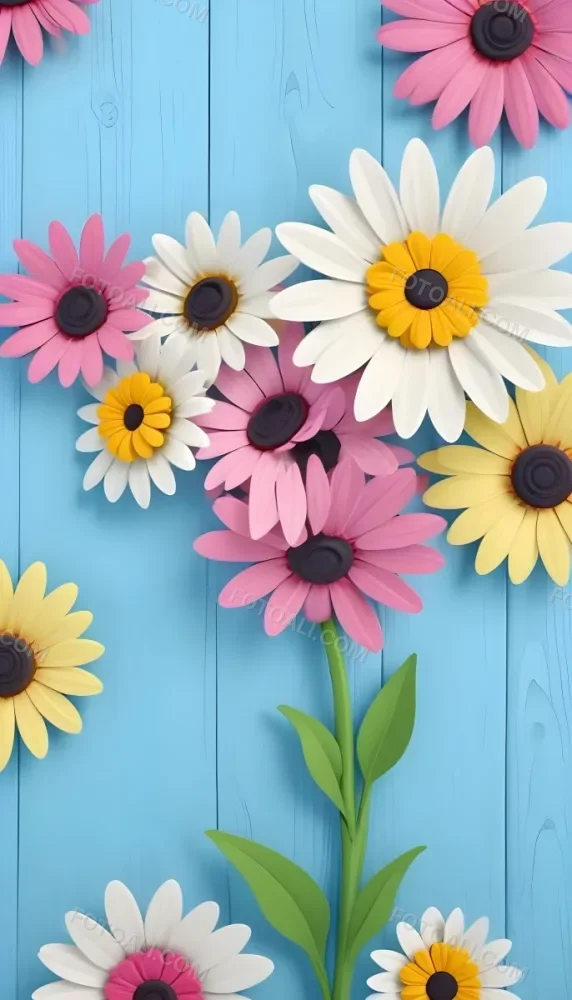White Pink And Yellow Daisies On A Blue Wooden Background 8 D500