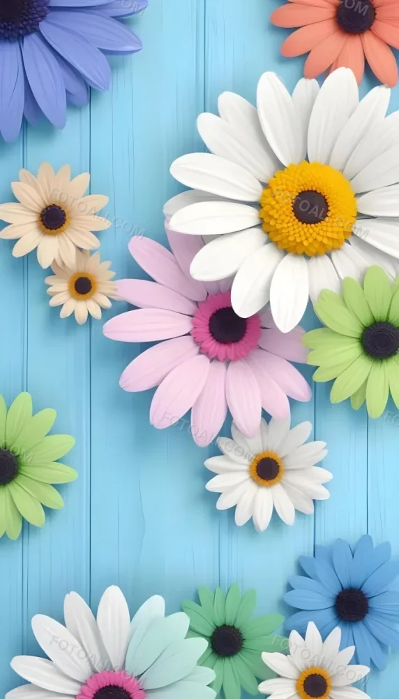 White Pink And Yellow Daisies On A Blue Wooden Background 9 1aaf