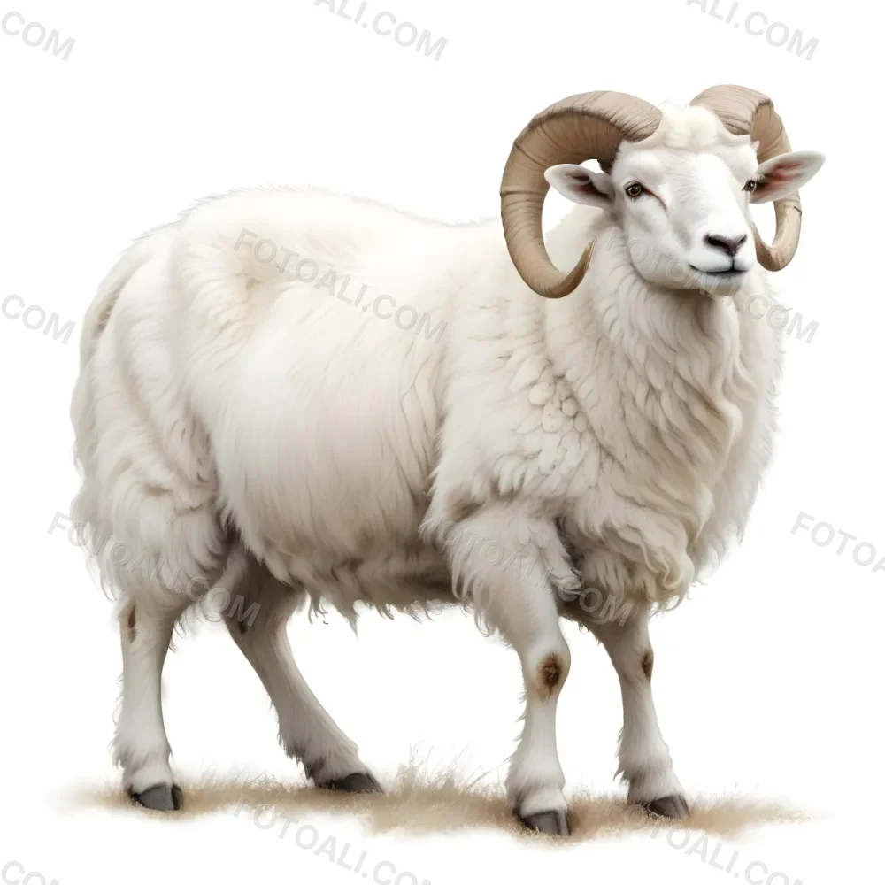 White Ram With Large Curved Horns Standing On A Small Patch Of Grass Detailed Fur Texture Soft Lighting Against A Plain White Background 2 0370