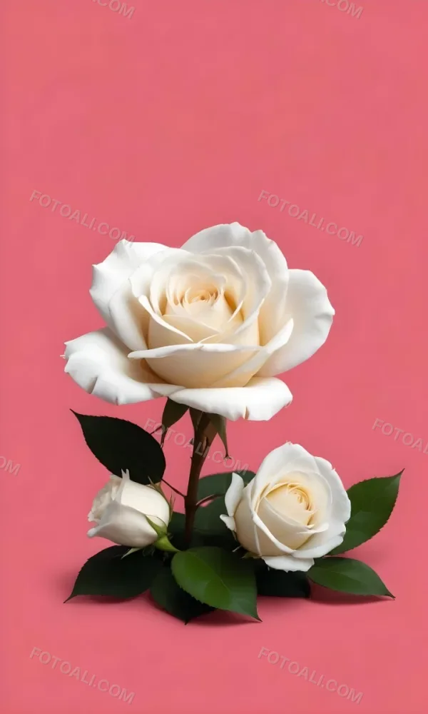 White Roses With Green Leaves Against A Pink Background 11 2945