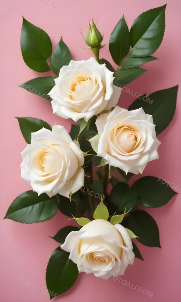 White Roses With Green Leaves Against A Pink Background 20 3c75