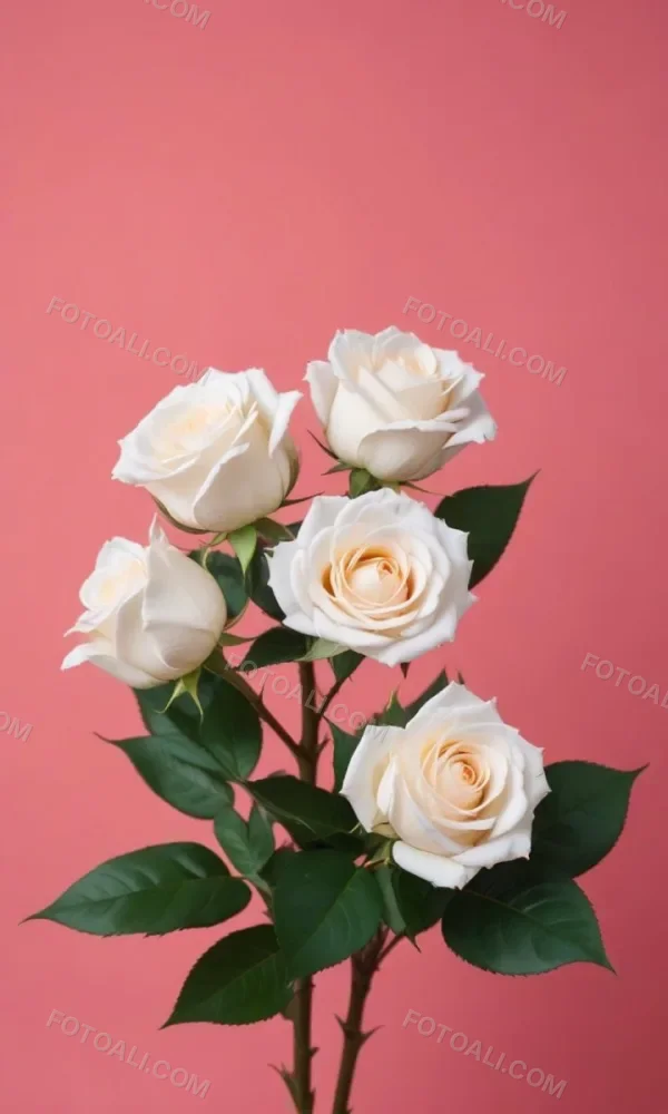 White Roses With Green Leaves Against A Pink Background 24 7a07