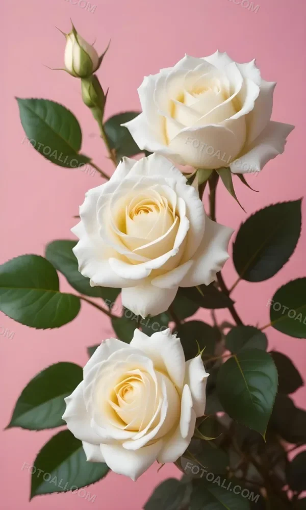 White Roses With Green Leaves Against A Pink Background 3 C030