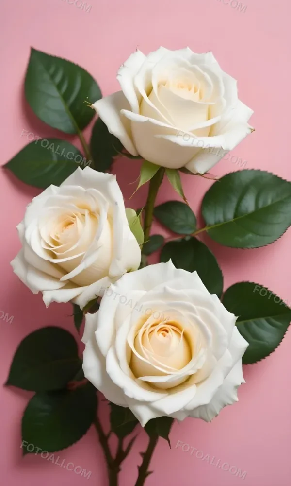 White Roses With Green Leaves Against A Pink Background 38 9ef1