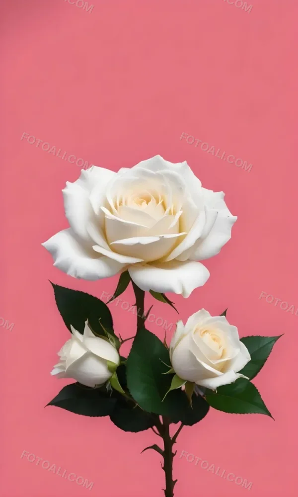 White Roses With Green Leaves Against A Pink Background 41 3a0e