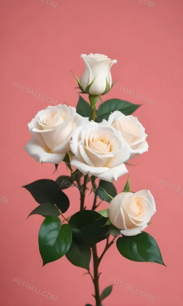 White Roses With Green Leaves Against A Pink Background 47 43e1
