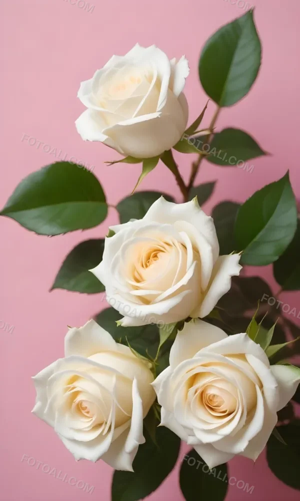 White Roses With Green Leaves Against A Pink Background 51 F996