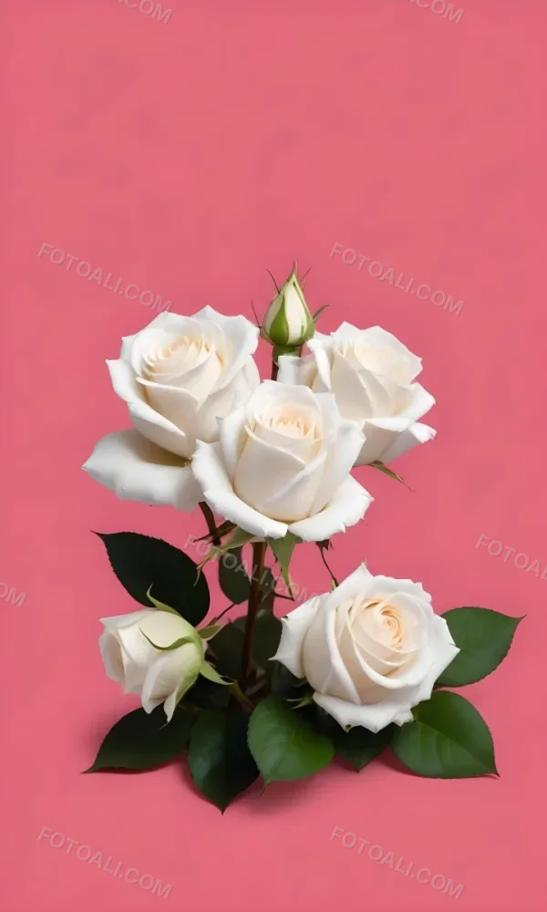 White Roses With Green Leaves Against A Pink Background 52 Aaa3
