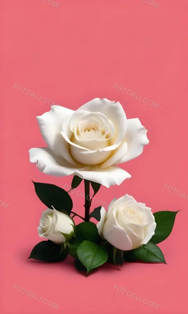 White Roses With Green Leaves Against A Pink Background 53 1453