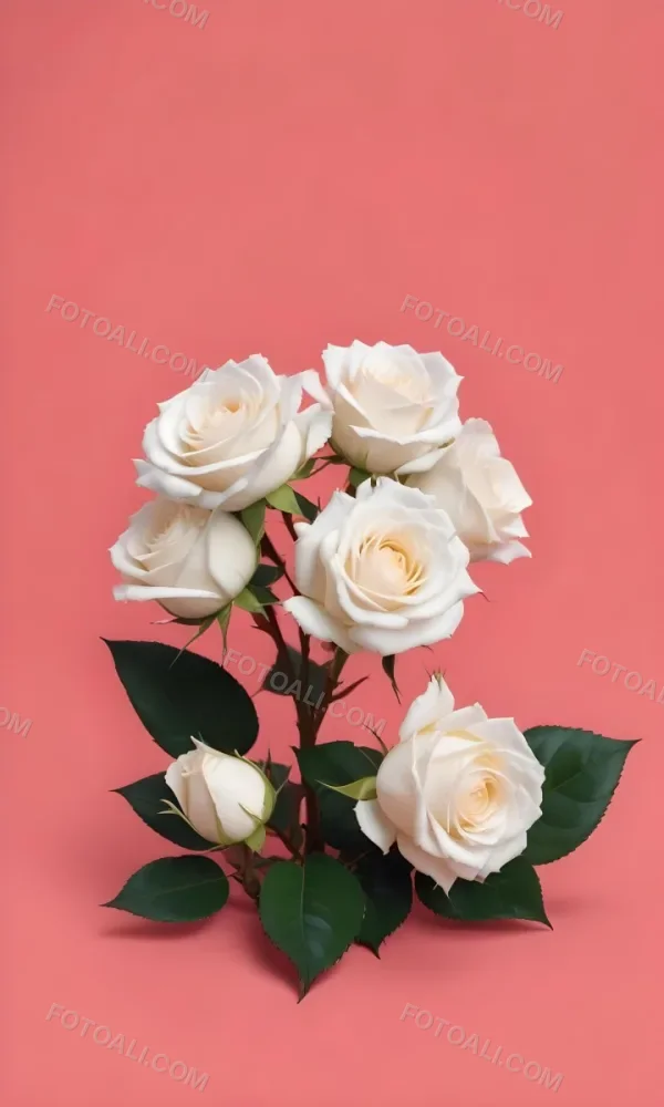 White Roses With Green Leaves Against A Pink Background 54 059a
