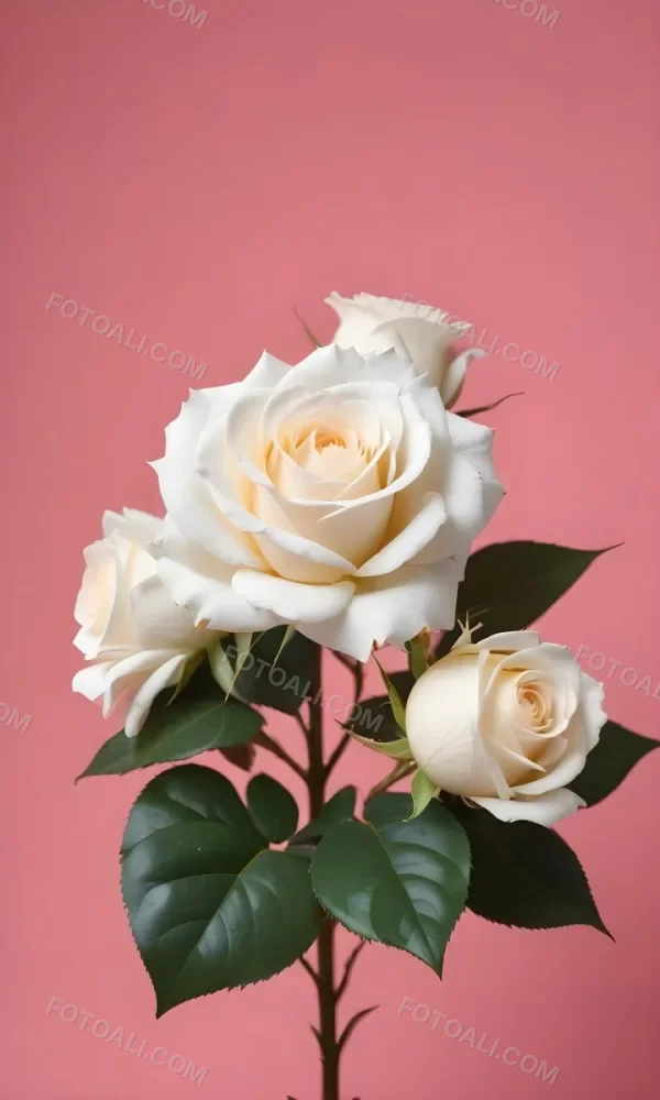 White Roses With Green Leaves Against A Pink Background 55 4044