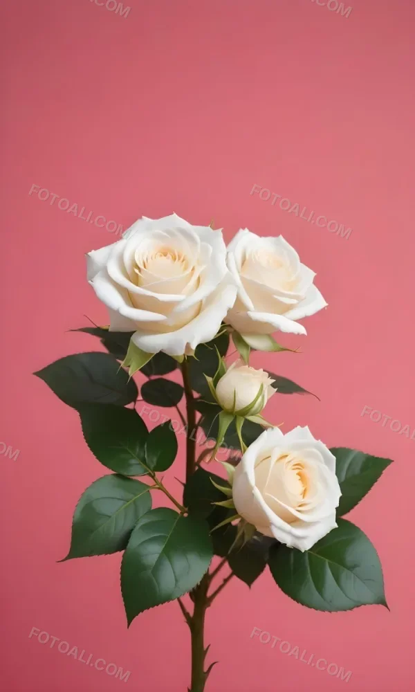 White Roses With Green Leaves Against A Pink Background 6 Bfbc