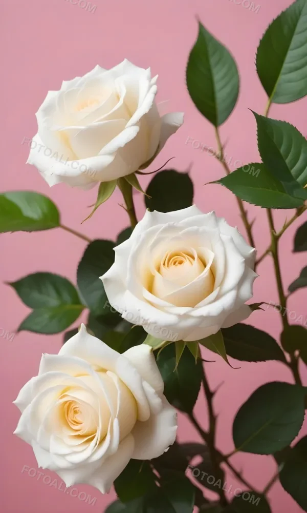 White Roses With Green Leaves Against A Pink Background 8 5b2f