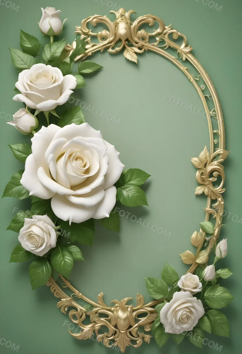 White Roses With Green Leaves In An Ornate Golden Frame On A Green Background 50 5a70