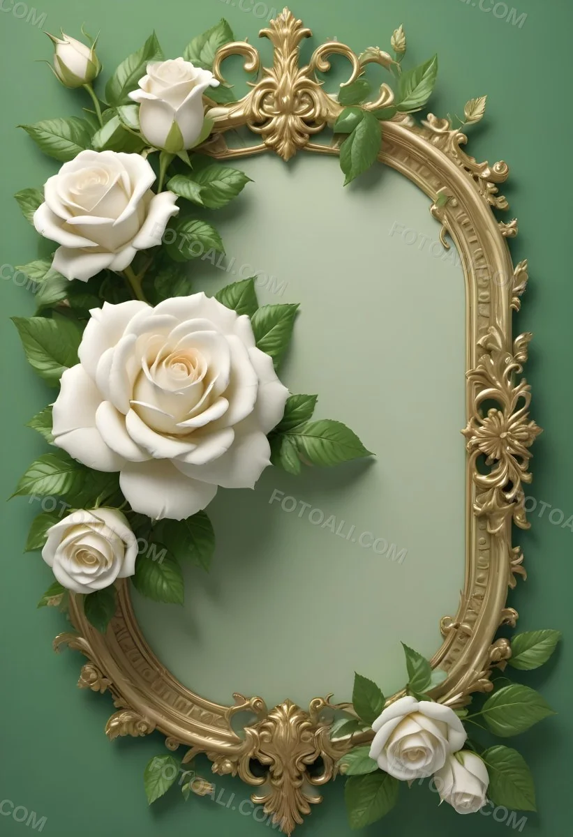 White Roses With Green Leaves In An Ornate Golden Frame On A Green Background 55 545b