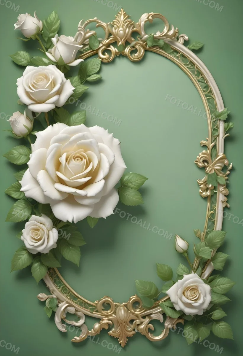 White Roses With Green Leaves In An Ornate Golden Frame On A Green Background 57 4892