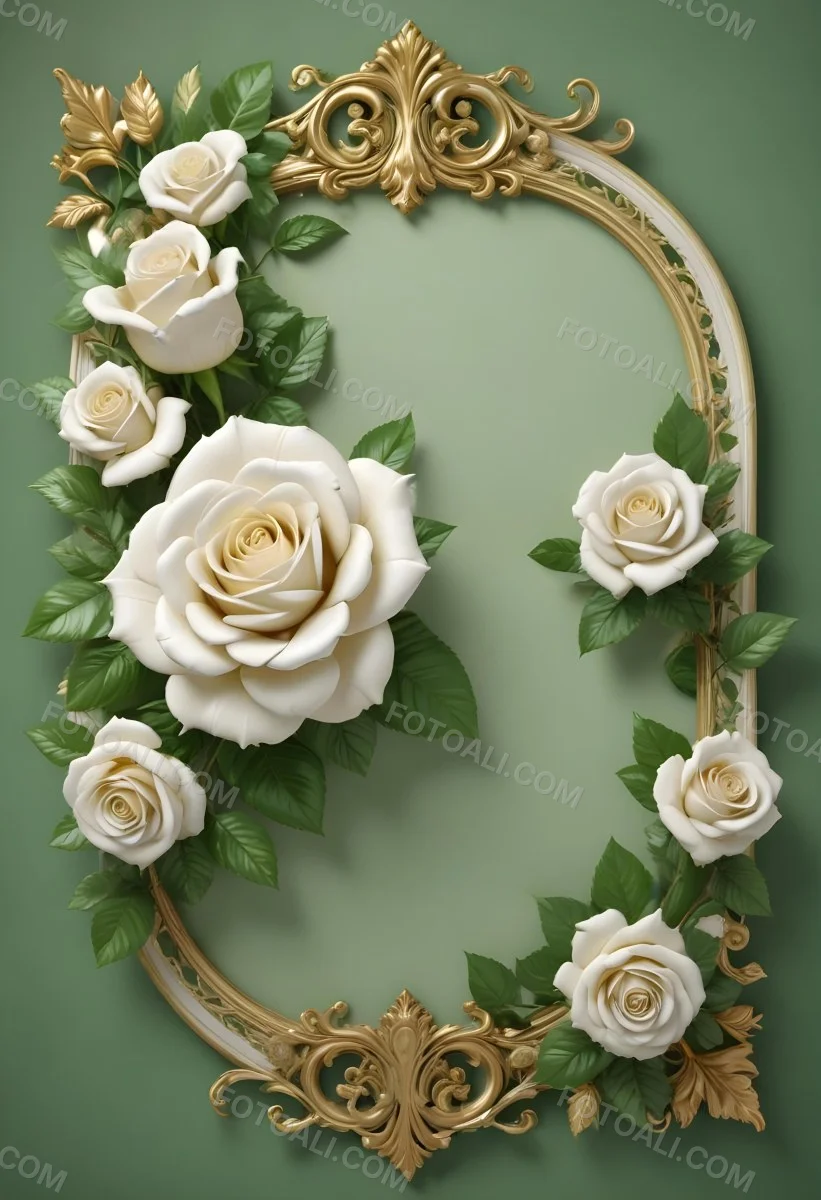 White Roses With Green Leaves In An Ornate Golden Frame On A Green Background 58 2387