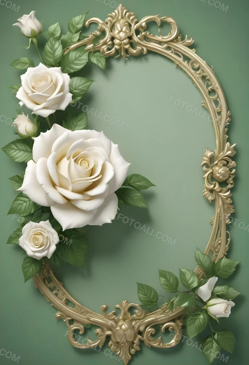 White Roses With Green Leaves In An Ornate Golden Frame On A Green Background 64 C553