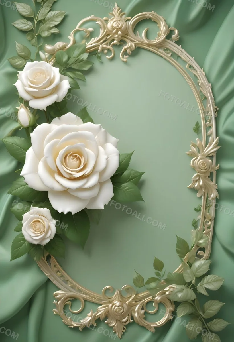 White Roses With Green Leaves In An Ornate Golden Frame On A Green Background 74 E376