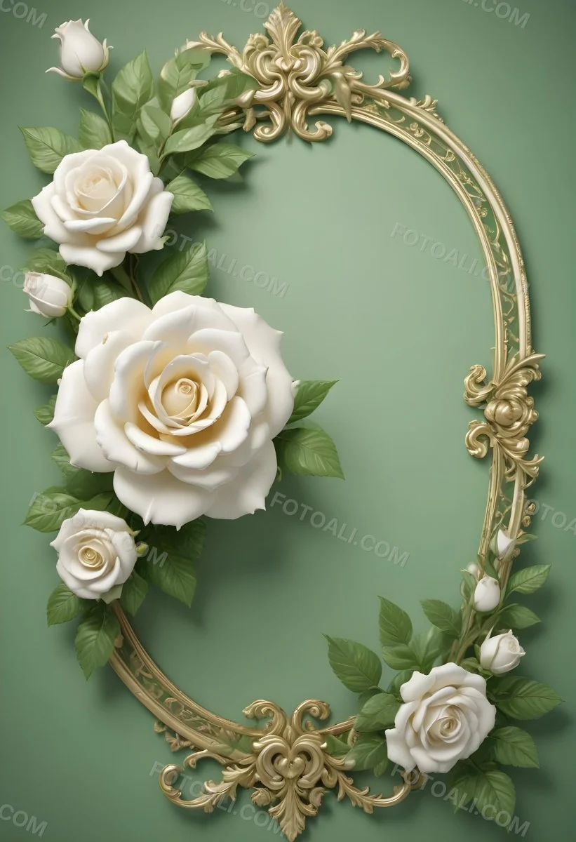 White Roses With Green Leaves In An Ornate Golden Frame On A Green Background 78 16db
