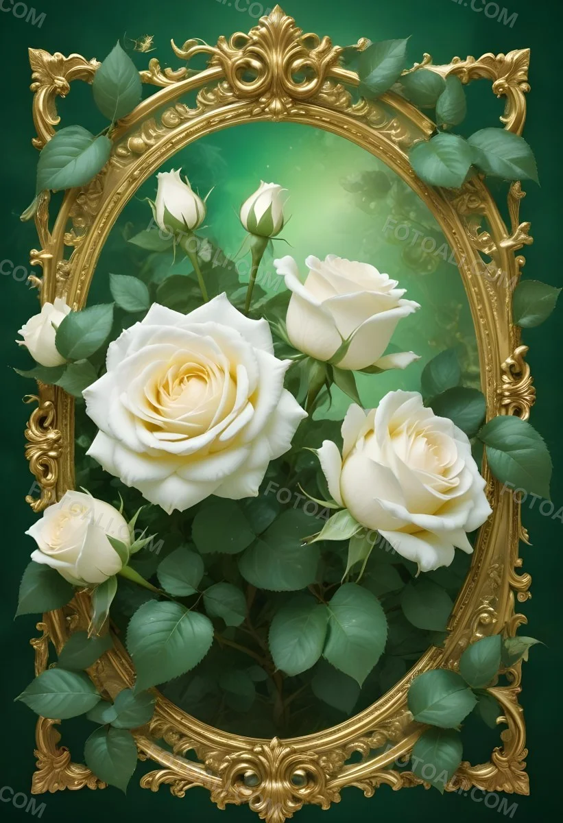 White Roses With Green Leaves In An Ornate Golden Frame On A Green Background 83 8269