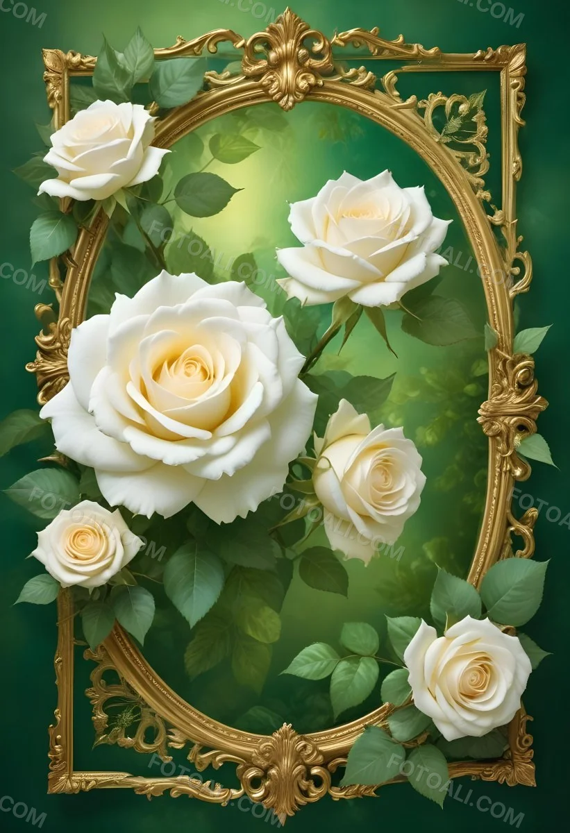 White Roses With Green Leaves In An Ornate Golden Frame On A Green Background 84 0eb2