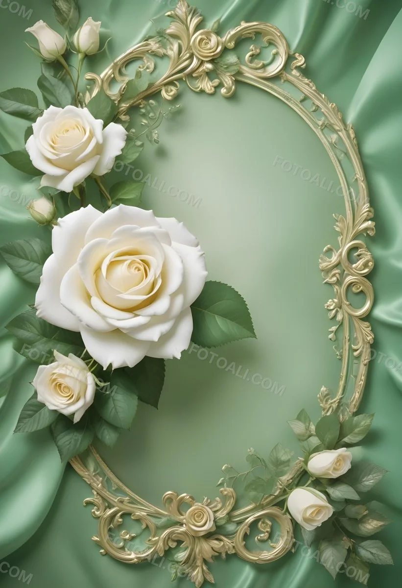 White Roses With Green Leaves In An Ornate Golden Frame On A Green Background 92 022c