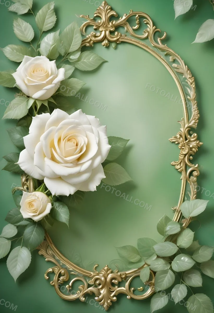 White Roses With Green Leaves In An Ornate Golden Frame On A Green Background 94 D5ba