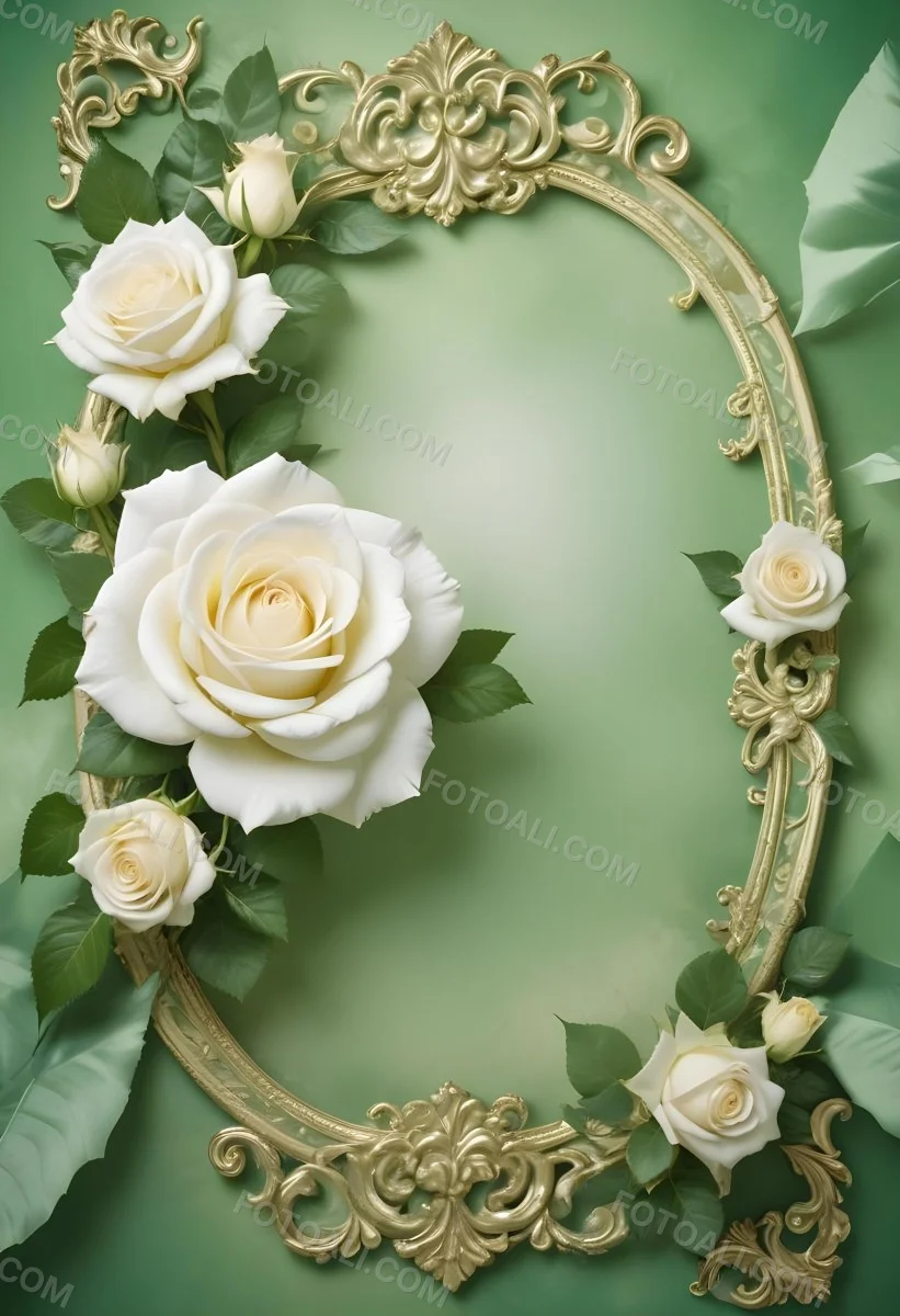White Roses With Green Leaves In An Ornate Golden Frame On A Green Background 95 77f5