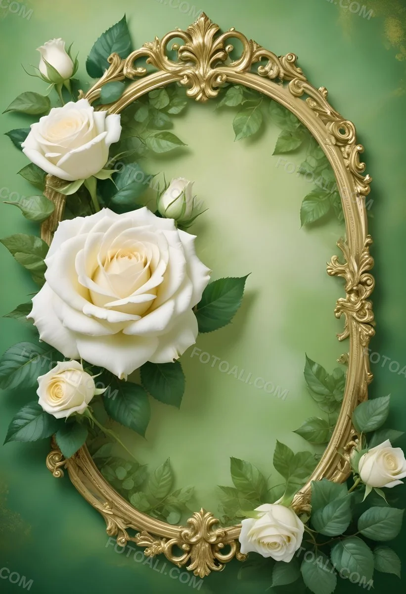 White Roses With Green Leaves In An Ornate Golden Frame On A Green Background 96 A02d