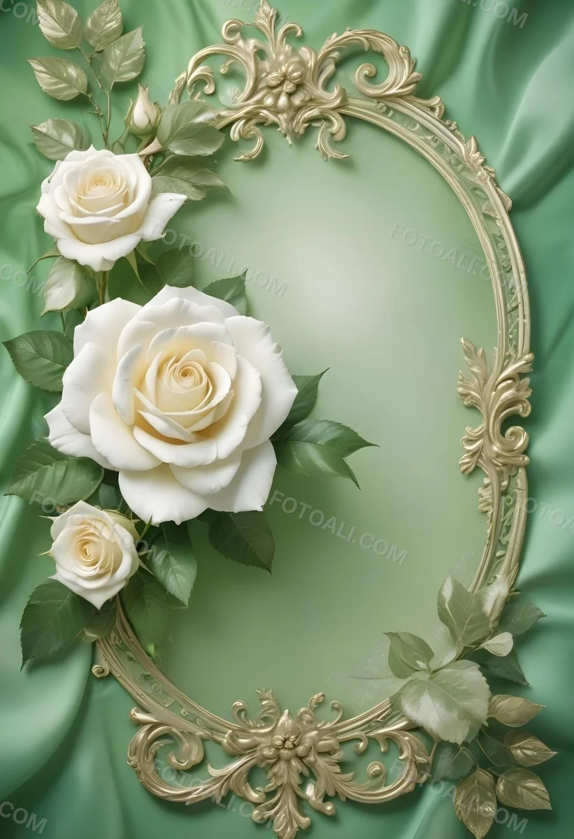White Roses With Green Leaves In An Ornate Golden Frame On A Green Background 98 Aa66