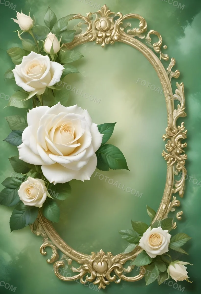 White Roses With Green Leaves In An Ornate Golden Frame On A Green Background 99 Bb83
