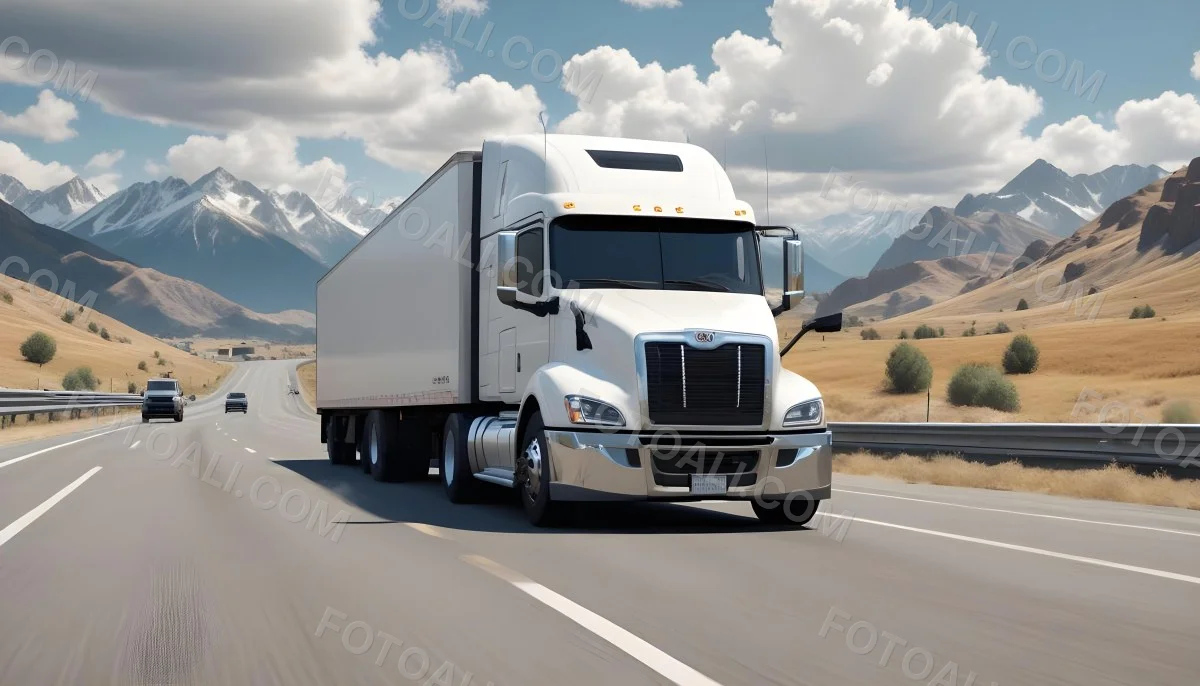 White Semi Truck On A Highway With Mountains In The Background Cloudy Sky Other Cars In The Distance Sunny Day Asphalt Road 11 D84d
