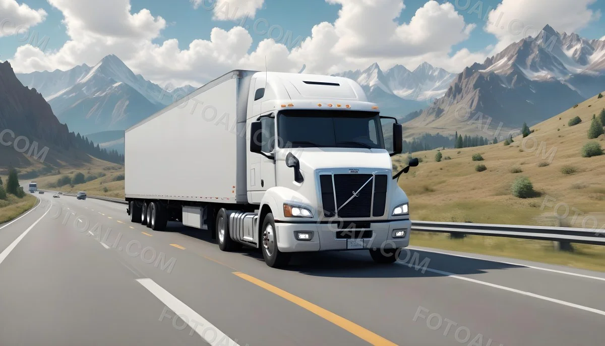 White Semi Truck On A Highway With Mountains In The Background Cloudy Sky Other Cars In The Distance Sunny Day Asphalt Road 15 Efdc