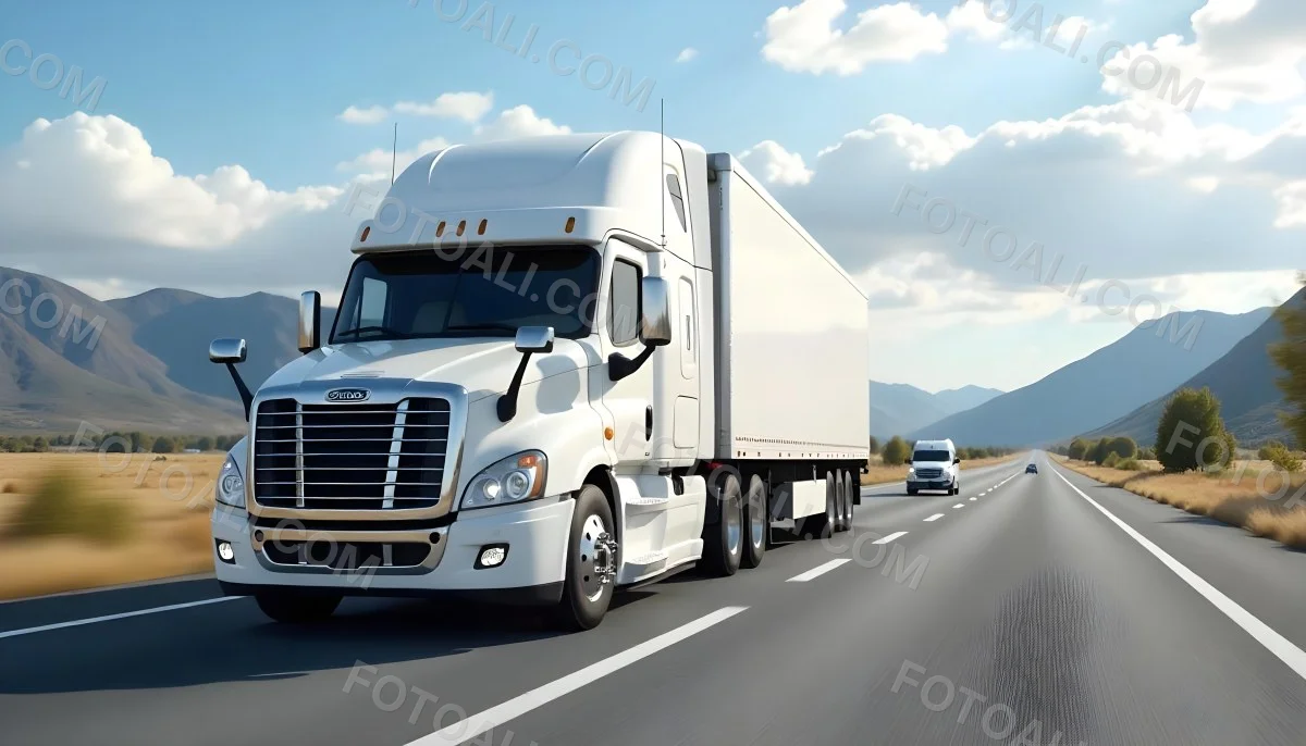 White Semi Truck On A Highway With Mountains In The Background Cloudy Sky Other Cars In The Distance Sunny Day Asphalt Road 21 D8c0