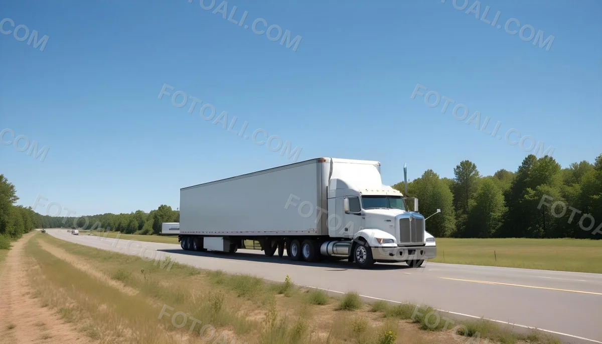 White Semi Truck On A Highway With Mountains In The Background Cloudy Sky Other Cars In The Distance Sunny Day Asphalt Road 29 Cbe2