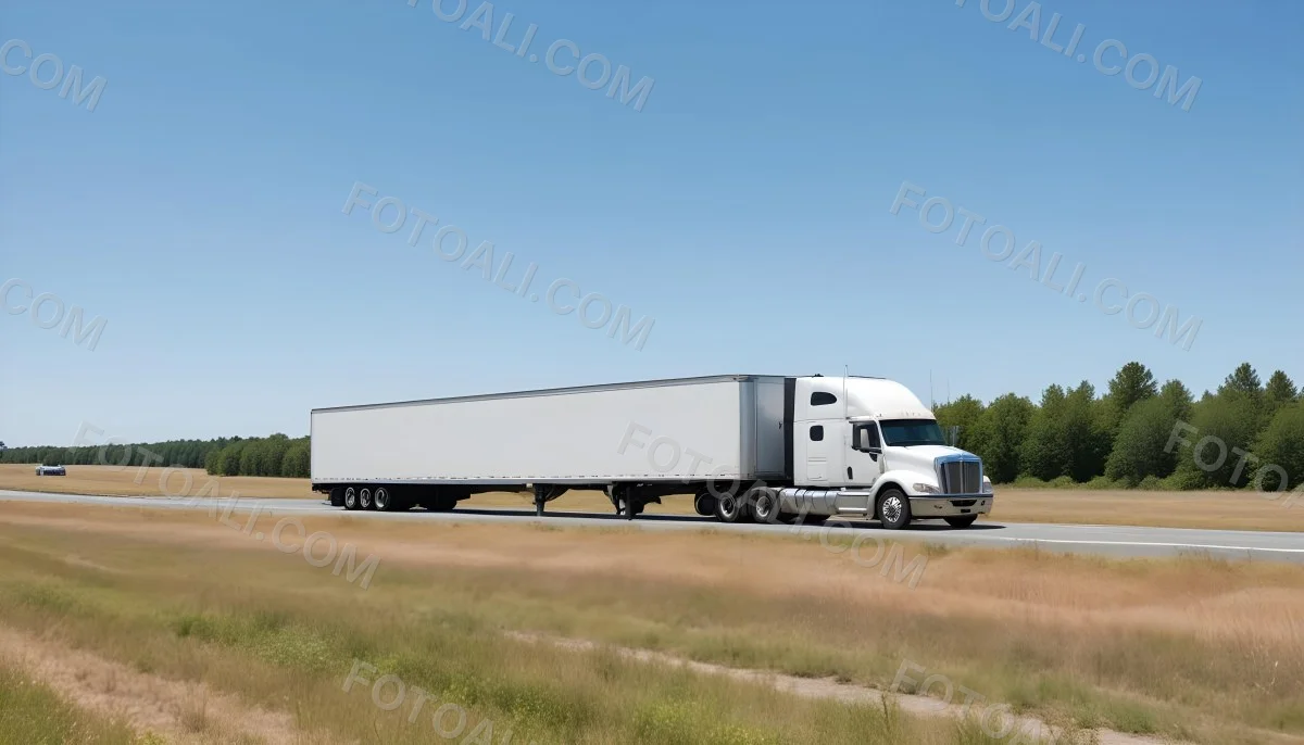 White Semi Truck On A Highway With Mountains In The Background Cloudy Sky Other Cars In The Distance Sunny Day Asphalt Road 34 91b2