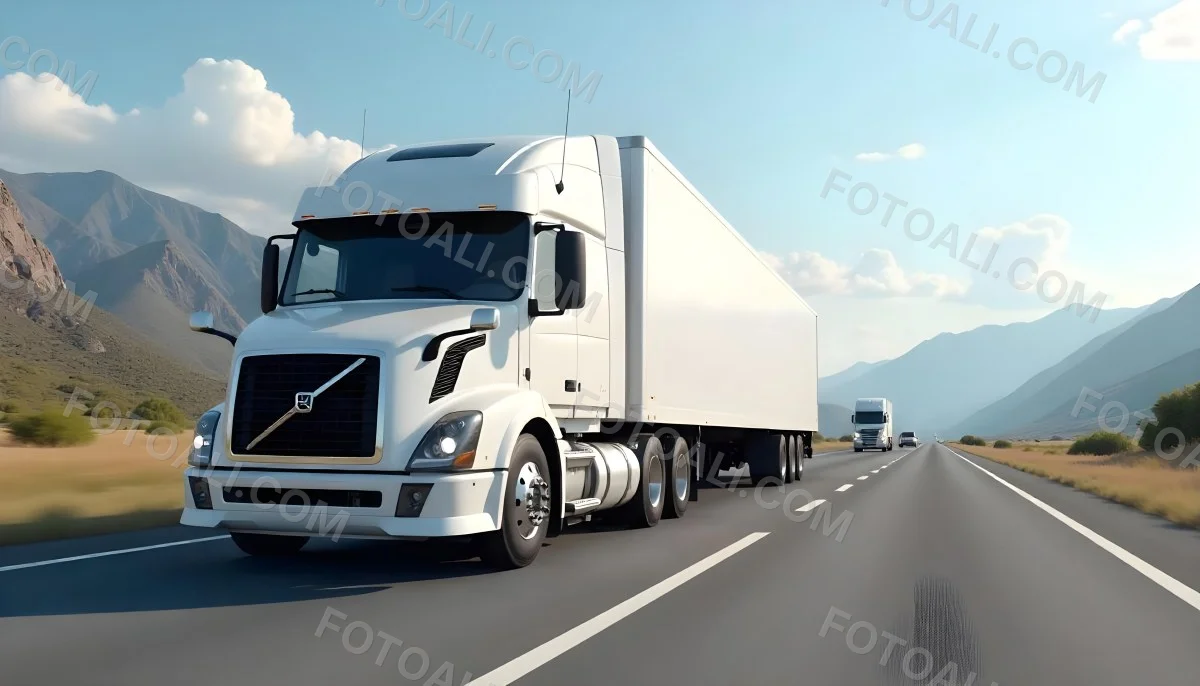 White Semi Truck On A Highway With Mountains In The Background Cloudy Sky Other Cars In The Distance Sunny Day Asphalt Road 38 8f0c