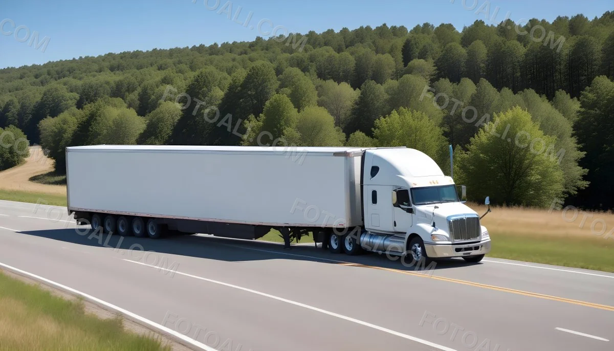 White Semi Truck On A Highway With Mountains In The Background Cloudy Sky Other Cars In The Distance Sunny Day Asphalt Road 4 E953