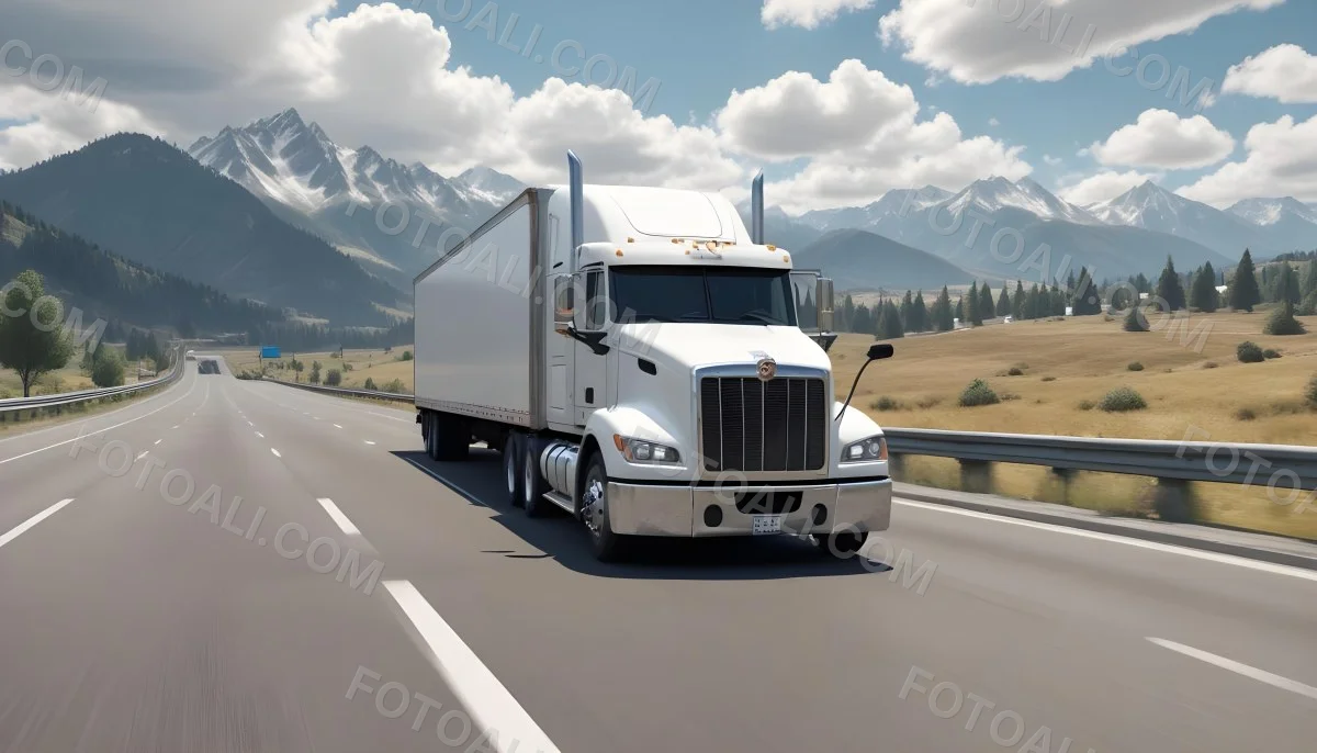 White Semi Truck On A Highway With Mountains In The Background Cloudy Sky Other Cars In The Distance Sunny Day Asphalt Road 40 Aa42