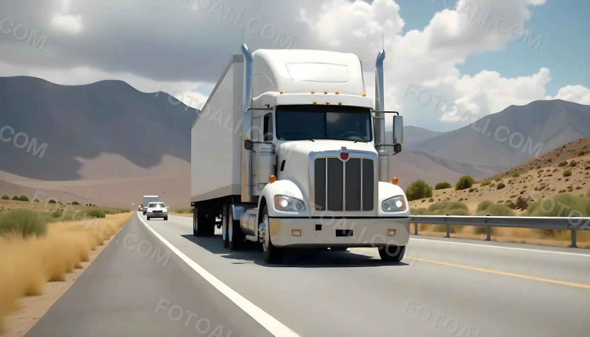 White Semi Truck On A Highway With Mountains In The Background Cloudy Sky Other Cars In The Distance Sunny Day Asphalt Road 41 3382
