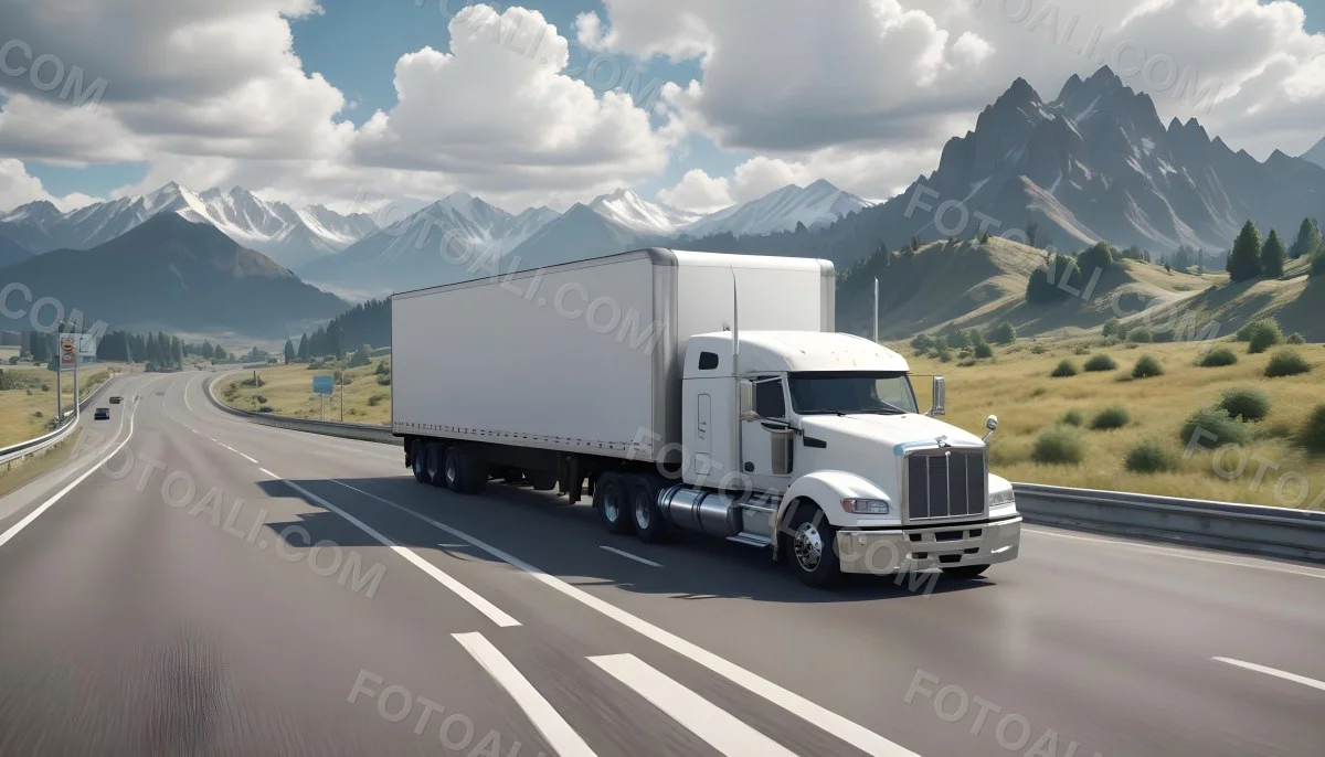 White Semi Truck On A Highway With Mountains In The Background Cloudy Sky Other Cars In The Distance Sunny Day Asphalt Road 42 52a5