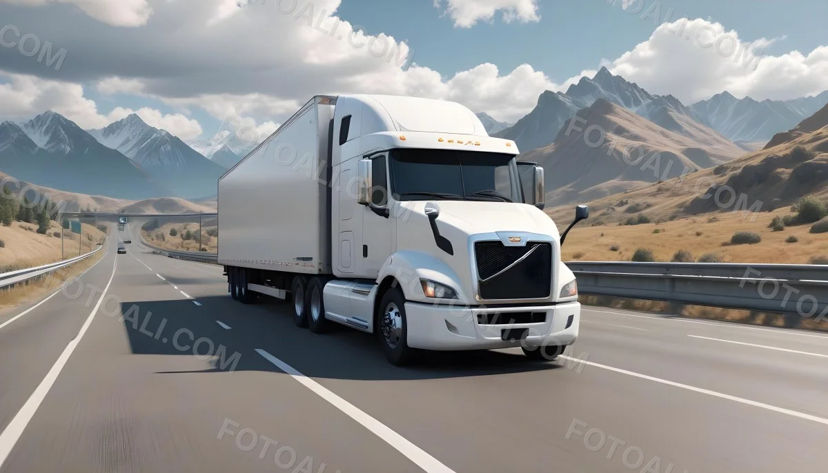White Semi Truck On A Highway With Mountains In The Background Cloudy Sky Other Cars In The Distance Sunny Day Asphalt Road 44 Fab1