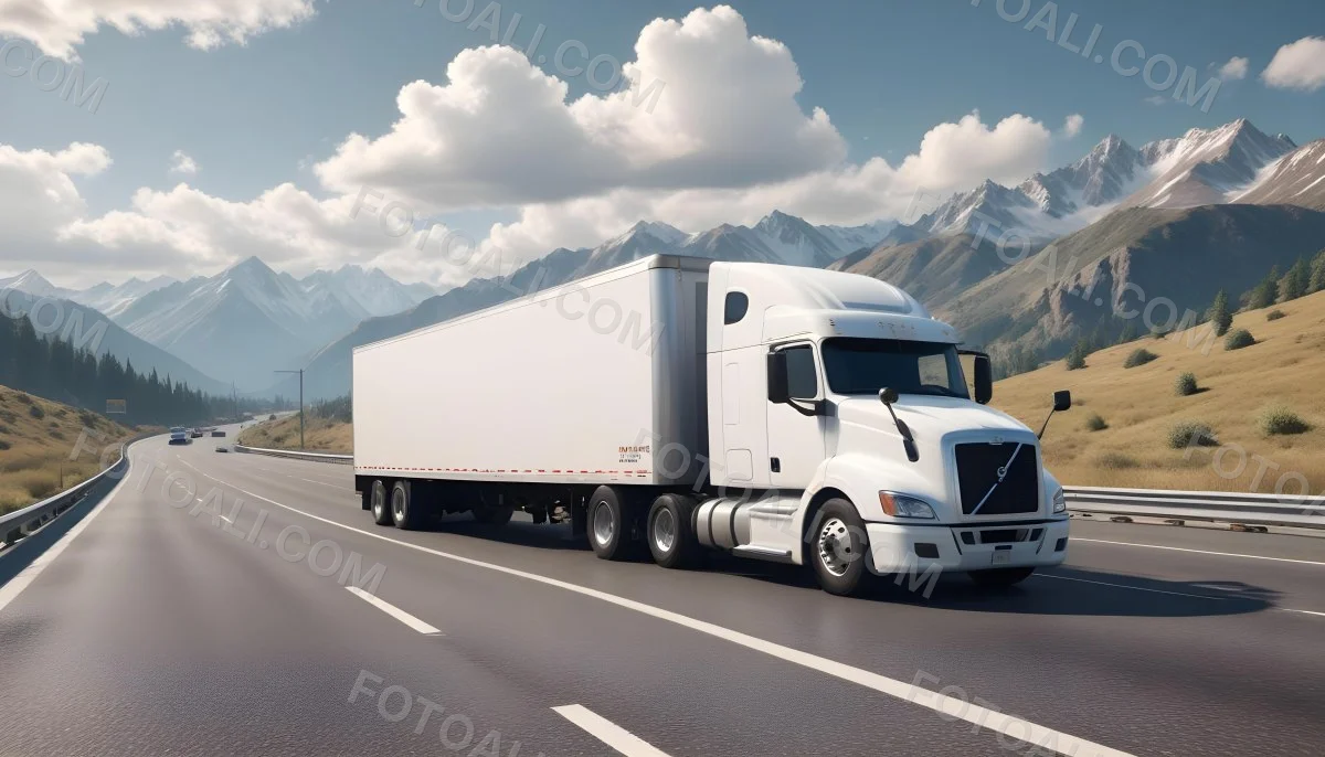 White Semi Truck On A Highway With Mountains In The Background Cloudy Sky Other Cars In The Distance Sunny Day Asphalt Road 46 Ca5d
